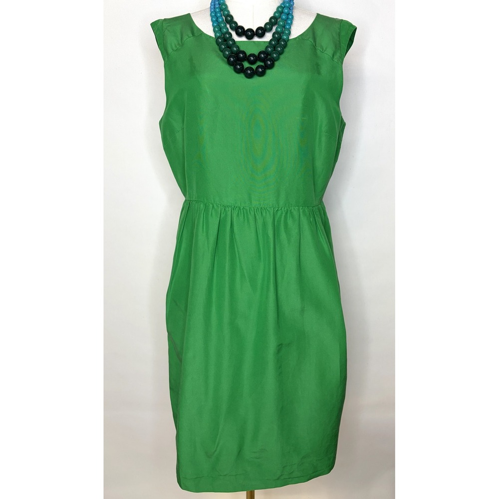 Green Cotton Silk Blend Sleeveless Pleated Waist Cocktail Party Dress Size M - Picture 3 of 7